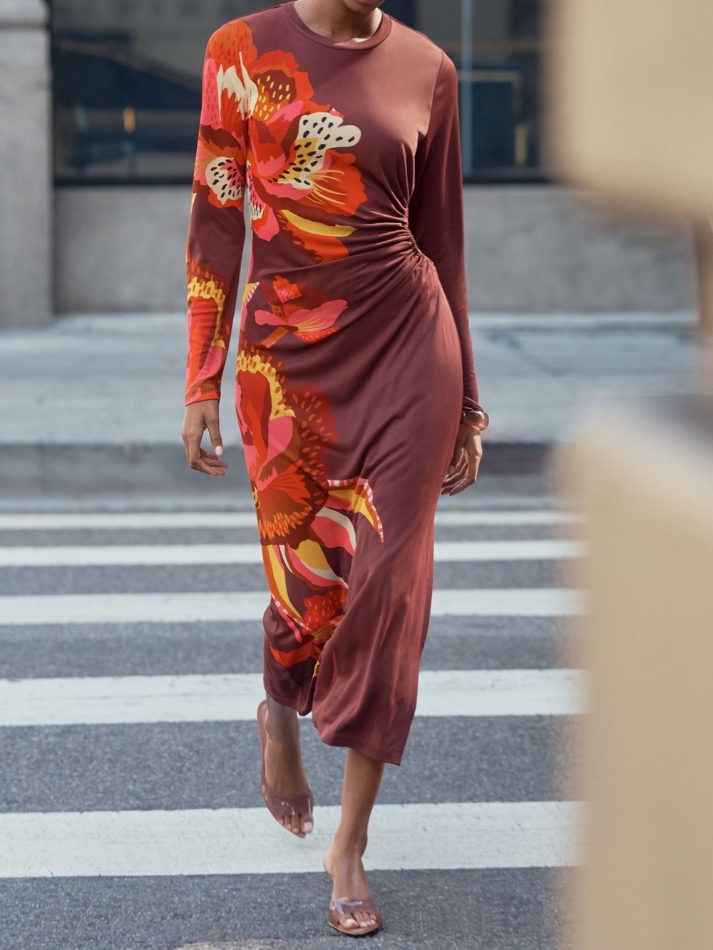 FARM Rio Rust Floral Long Sleeve Midi Dress with Orange and Yellow Print